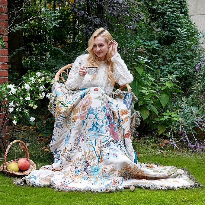 LUTBM Boho Throw Blanket for Couch Sofa Chair Cotton Spring Blankets for Bedroom Living Room All Season Soft Lightweight Reversible Floral Embroidery Decorative Throws 50"x60" Home Decor