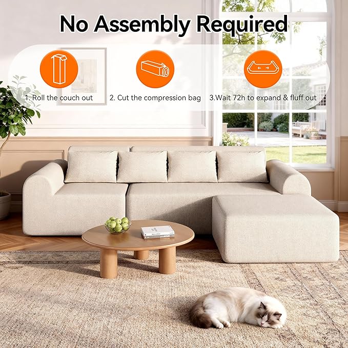 105.5" Cloud Boneless Sectional Sofa with Ottoman & 4 Pillows, L-Shaped 4-Seater Modular Couch for Living Room, Ultra Deep Seat Chenille Fabric Sofa, No Assembly Required, Beige