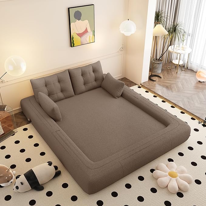 78.7" Convertible Sofa Bed, 3-in-1 Folding Floor Couch with 4 Pillows, Sleeper Sofa for Living Room and Guest Bed, No Assembly Required (Brown, Teddy Fabric)