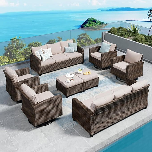 Swivel Glider Patio Furniture Set Outdoor Furniture Brown Wicker Rattan Patio Conversation Sets with Cushion Outside Sofa Set,8 Pieces,12 Seats,Beige