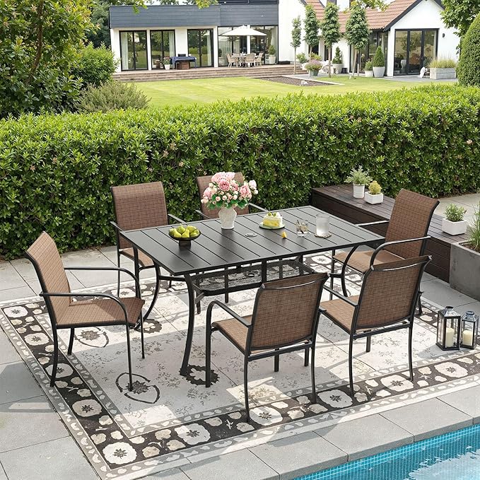 DIFY 7 Pieces Outdoor Patio Dining Set for 6, 59.2" Black Rectangle Metal Dining Table and 6 Brown Stackable Textilene Patio Chairs, Outdoor Table and Chairs for Backyard Garden Poolside by DIFY