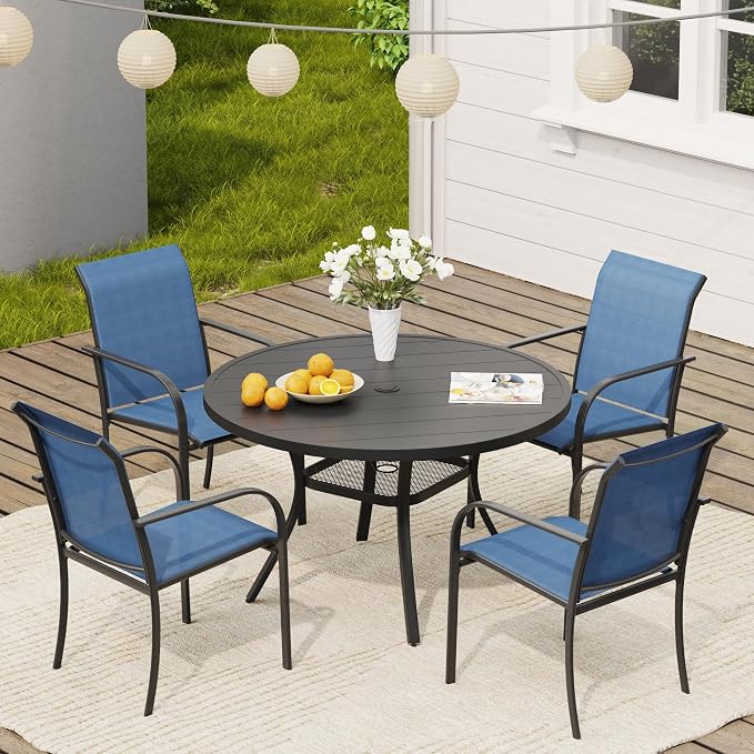 VICLLAX Round Outdoor Dining Set, Patio Table and Chairs Set Set of 4 Patio Stackable Chairs and 40.6" Outdoor Round Table with Umbrella Hole for Backyard Lawn Garden, Blue Chairs and Black Table by HOME
