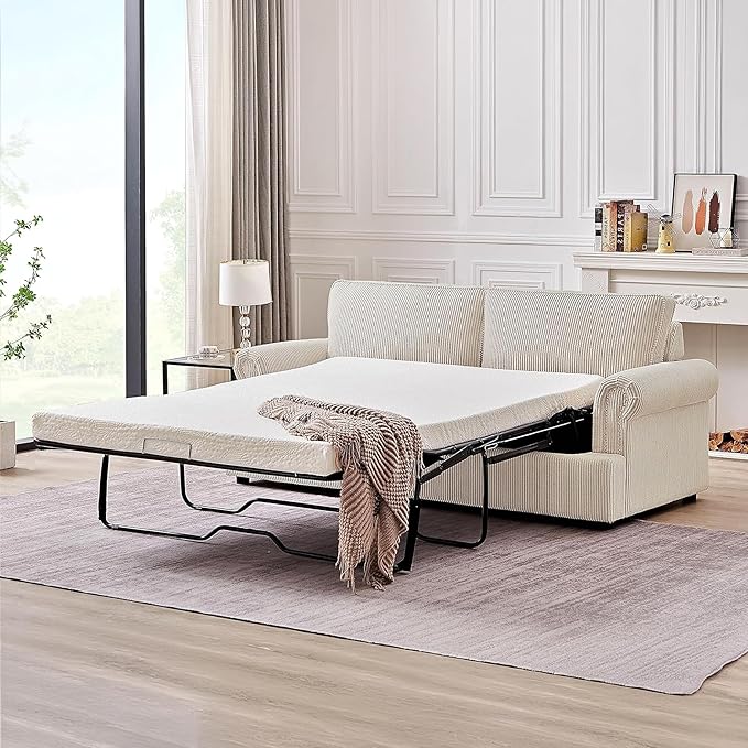 Reversible Sleeper Sofa Bed with Comfortable Memory Foam Mattress, Convertible Corduroy Full Size Pull Out Couch for Living Room, Space Saving Furniture, 76" Wide, Rounded Arms, Ivory