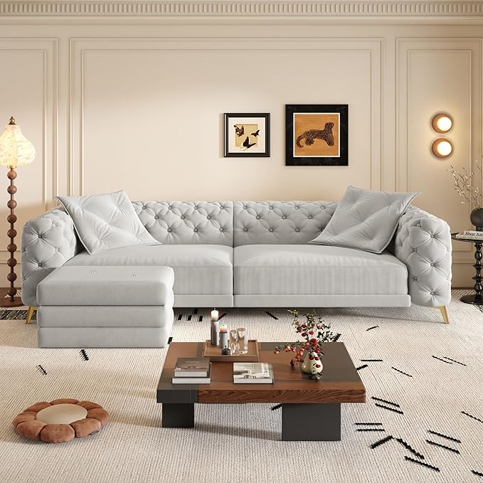 Ball & Cast 3-in-1 Convertible Sleeper Sofa with Movable Ottoman,97.7" Velvet Pull Out Sofa Bed, Modern Button Tufted 4-Seater Sofa Couch with Deep Seat for Living Room, Apartment,Office,Light Grey