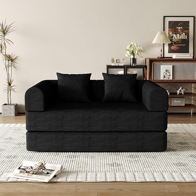 53.15'' Convertible Compressed Corduroy Folding Cloud Sofa Bed, Modern Boneless Pull Out Loveseat Sleeper in a Box, 4 in 1 Floor Mattress Futon Cloud Couch, No Assembly Needed, Black, 2 Pillows, Full