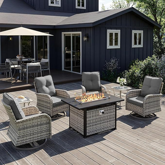 7Pcs Patio Rocking Swivel Chair with 55,000 BTU Fire Pit Table Outdoor Wicker Rattan Bistro Set with Tempered Glass Side Table, Outdoor Patio Furniture Set for Garden and Balcony, Grey