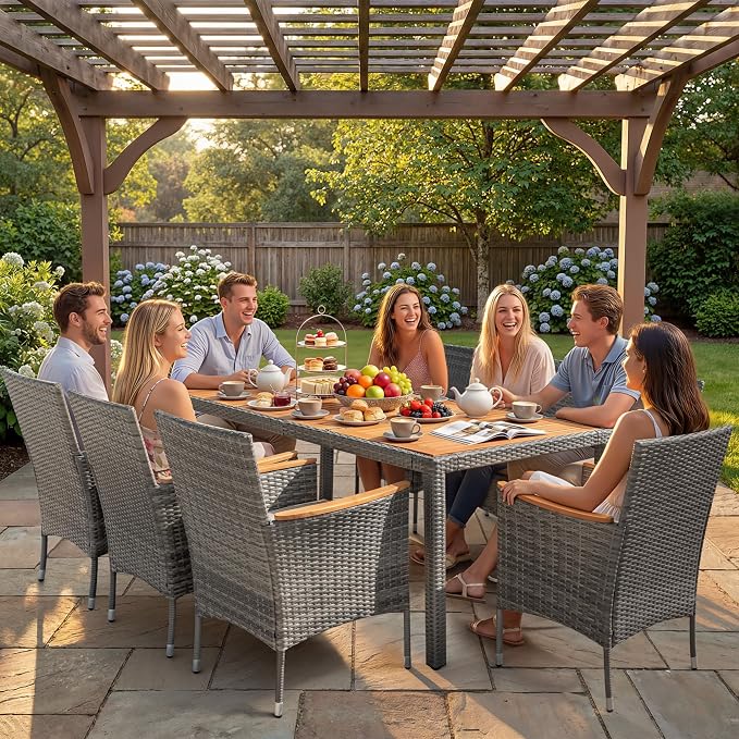 Devoko Outdoor Patio Dining Sets 9 Pieces Wicker Outdoor Dining Table and Chairs Set with Acacia Wood Table Top and Widened Armrests for Backyard, Garden, Deck (Grey) - Image 6