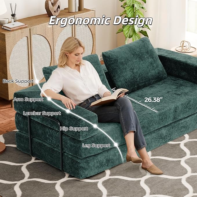 Convertible Sofa Bed, 4-in-1 DIY Combination Boneless Sleeper Sofa Bed with Pillows, Comfy Modular Couch with Fixed-Shape Frame, Chenille Convertible Lounge Couch for Living Room, Green