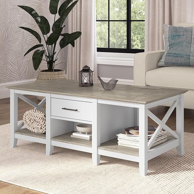 Bush Home Key West Coffee Table with Storage in Pure White and Shiplap Gray