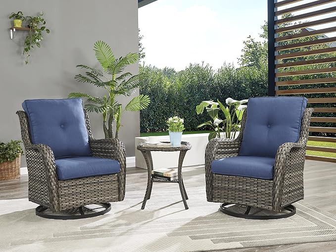 Rilyson Wicker Rocking Chair Swivel Chairs - 3 Piece Rocker Patio Furniture Set Rattan Rocking Bistro Sets with Glass Top Side Table for Outdoor Porch Deck Garden Backyard (Mixed Grey/Blue)