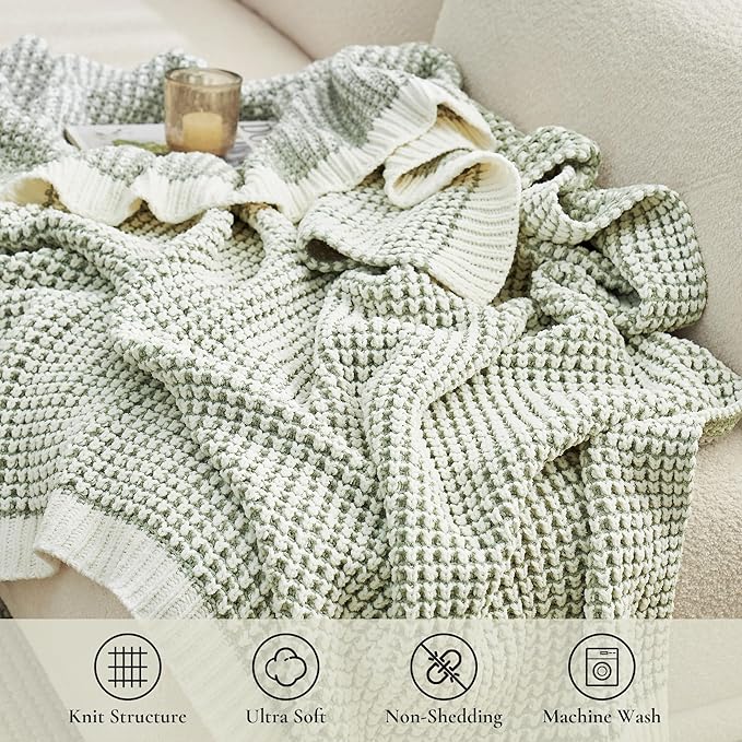 Amélie Home Knit Throw Blanket, Soft Chenille Cozy Breathable Pineapple Chunky Decorative Blanket for Couch, Bed & Sofa, French-Inspired Lightweight Warm Gift for Women, Sage Green, 60"x80"