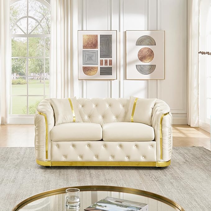 KEIKI 63" Luxury Oversized Velvet Chesterfield Sofa with 2 Pillow & Gold Stainless Decoration, Italian Modern Style 2-Seater Button Tufted Couch with Rolled Arms, Easy Assembly, for Living Room, Beige
