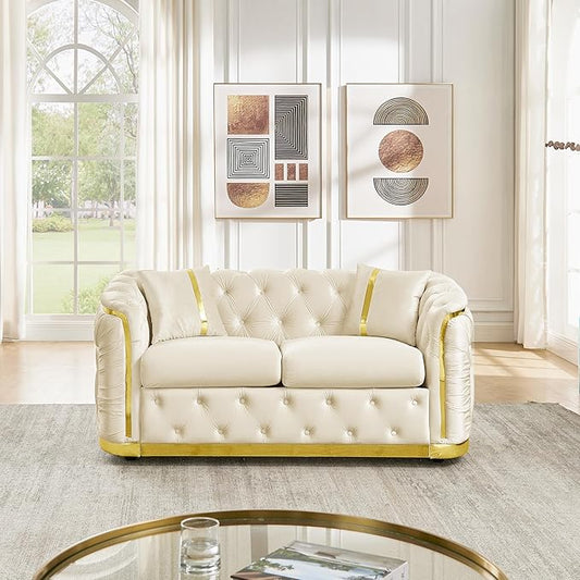 KEIKI 63" Luxury Oversized Velvet Chesterfield Sofa with 2 Pillow & Gold Stainless Decoration, Italian Modern Style 2-Seater Button Tufted Couch with Rolled Arms, Easy Assembly, for Living Room, Beige