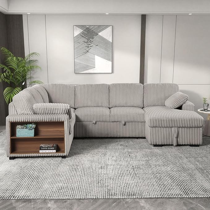 Eafurn Oversized U Shaped Convertible Sleeper Sectional Sofa w/Pull Out Couch Bed, 6 Seater Corduroy Upholstered Corner Lounge Sofa Couch Sleeper Sofabed w/Storage Chaise,Shelves
