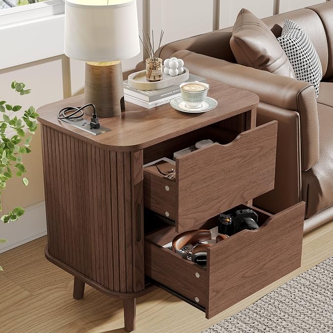 Alohappy 22.4" W Nightstands Set of 2, Mid Century Night Stands with Charging Station, Large Bedside Table with Drawers & Storage Shelf for Bedroom, Modern End Table Side Table for Home(Walnut, 2pcs) - Image 4