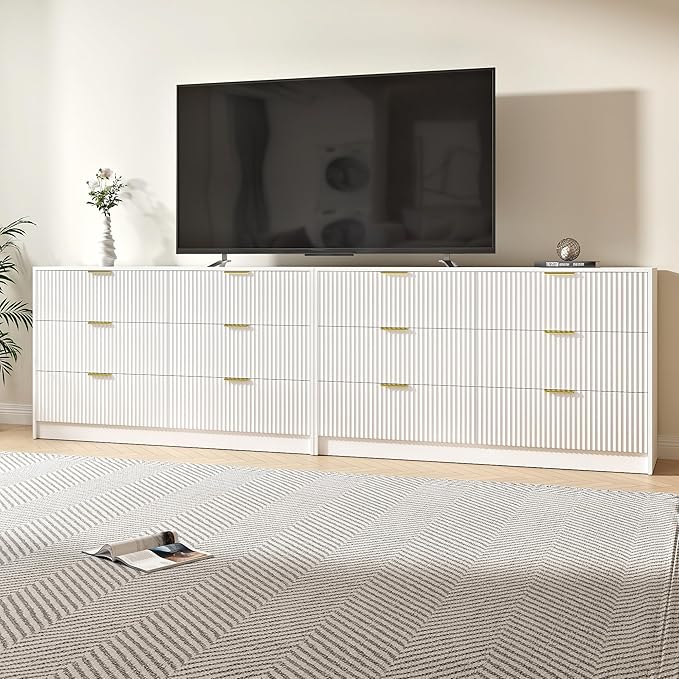 White Dresser Set of 2, Long Dresser for Bedroom Wooden with 12 Drawers, Fluted Modern Bedroom Furniture Set, TV Stand Dressers & Chests of Drawers for Closet (15.7"D x 110.2"W x 31.8"H)