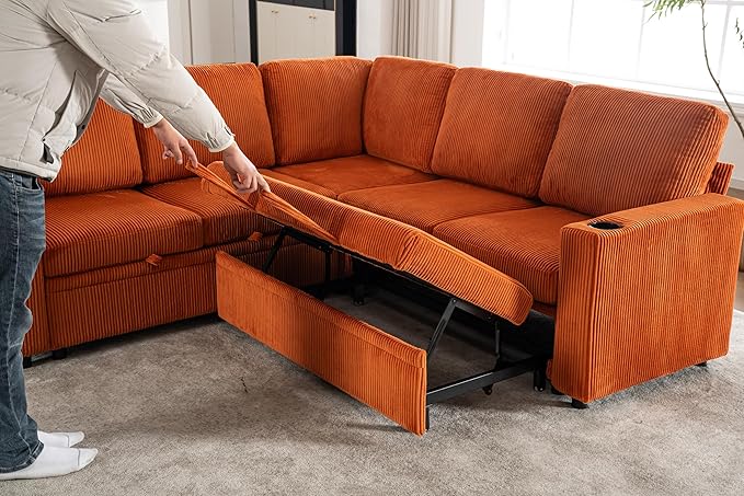 Eafurn 84" Sectional Sleeper Sofa with Pull Out Bed, L-Shaped Modular Corner Sofa with Hidden Storage, Cup Holders & USB Ports, Comfy Corduroy Fabric Convertible Couch for Living Room, Apartment | Breathable material, Side Pockets