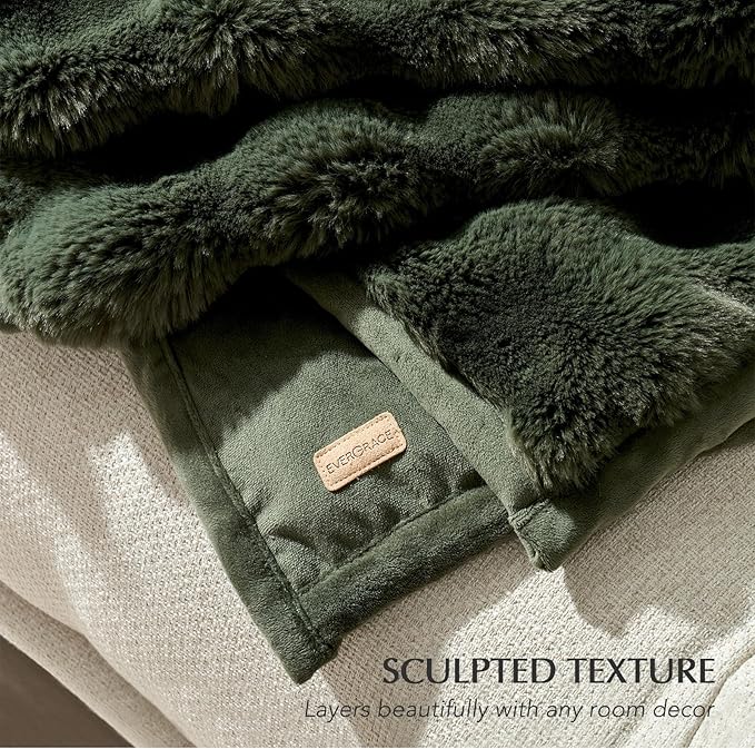 EverGrace Ultra Soft Luxury Fluffy Faux Rabbit Fur Throw Blanket, Thick Warm Bubble Throw for Bed, Cozy Plush Reversible Blankets for Couch, Chair, Sofa, Green, 50x60 Inches