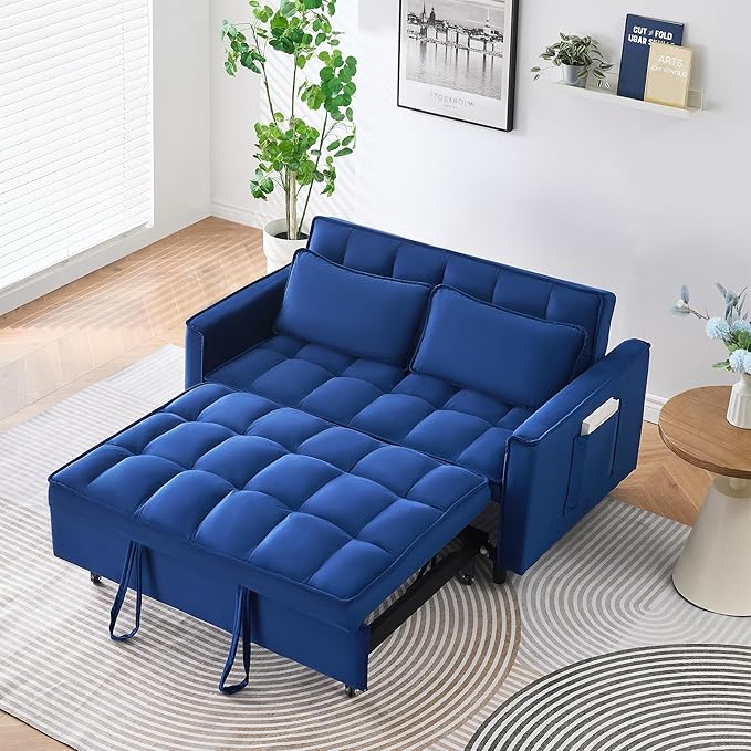 55" Modern Velvet Loveseat Sleeper Sofa, 3-in-1 Convertible Pull-Out Bed with Adjustable Backrest, 2 Pillows & Side Pockets, Small Pull Out Couch for Living Room, Apartment(Blue)