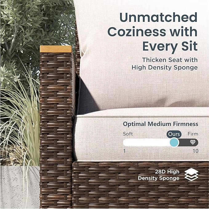 PHI VILLA 7-Piece Half Moon Patio Furniture Set with 56" Fire Pit Table, Outdoor Wicker Sectional Sofa with Cushions, Large Curved Conversation Seating for Garden or Backyard, Beige