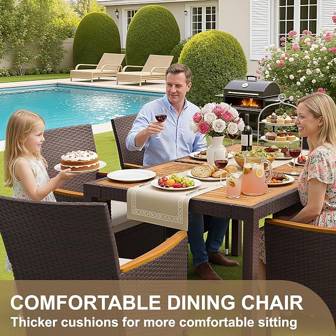 Devoko Dining 7 PCS Furniture, Patio Conversation Set with Acacia Wood Table Top, Outdoor, Beige Cushion and Brown Rattan - Image 4