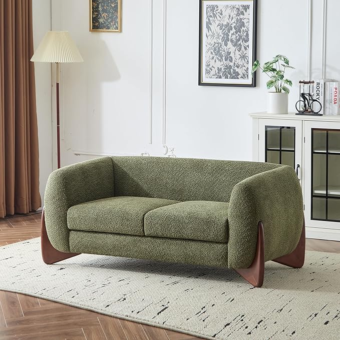 Merax 63 Inch Modern Boucle Upholstered 2-Seater Sofa, Chenille Fabric Loveseat with Solid Wood Legs, Low Profile Small Couch for Living Room, Olive Green