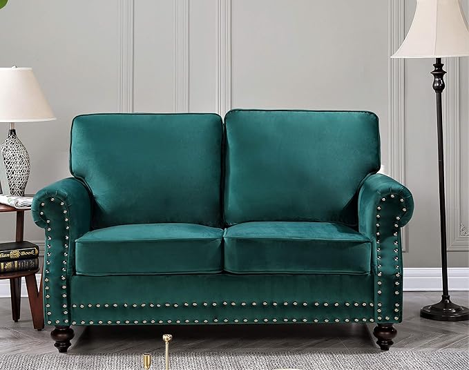 Lotus Mid Century Modern Velvet Upholstered Living Room Rolled Arms, Chair, Loveseat and Sofa, Green