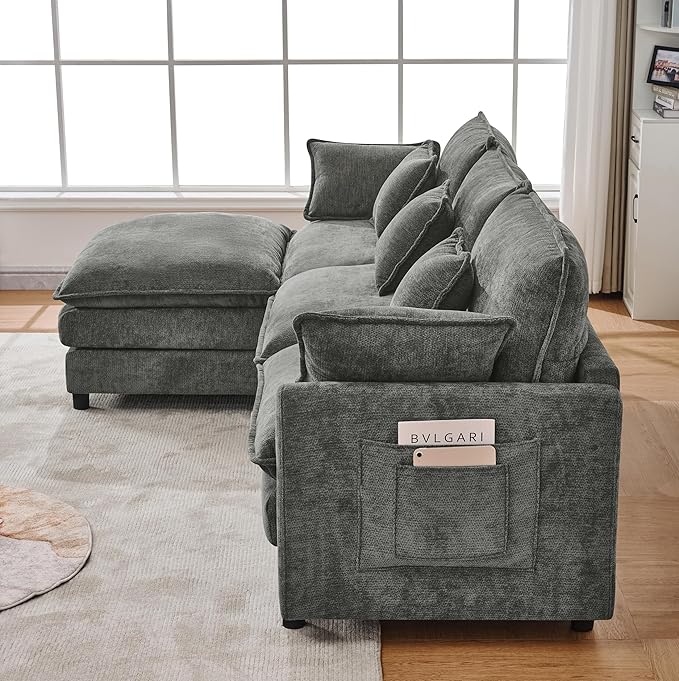 102" Modular Sectional Sofa, Premium Chenille Cloud Couch with Reversible Ottoman, L-Shaped Oversized Sofa with Side Storage Pockets for Multi-Scene Living Room & Home Office