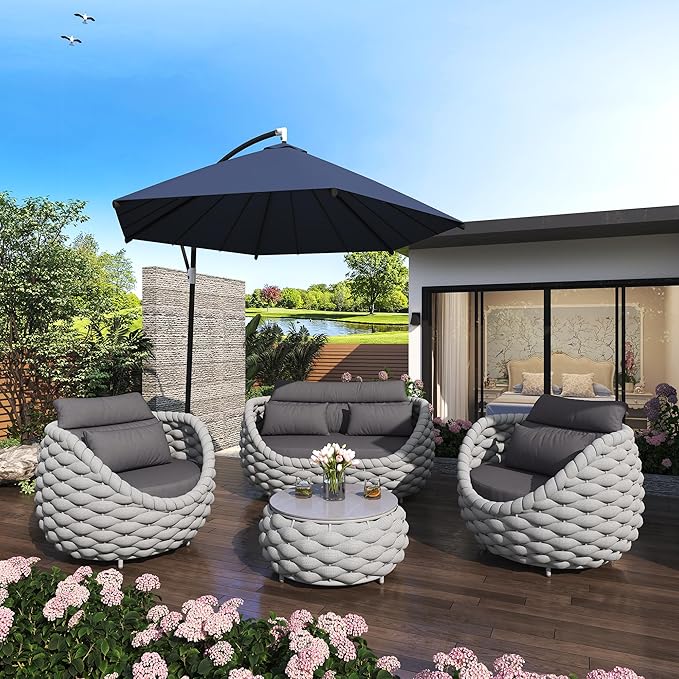 TWT Patio Furniture Set 4 Pieces Aluminum Outdoor Furniture w/27.8in Coffee Table,Patio Conversation Set with Hand Woven Polyester Rope for Backyard Garden Poolside,Gray