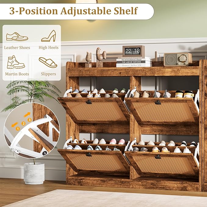 GarveeHome Shoe Cabinet Rattan with 4 Flip Drawers, Wooden Freestanding Shoe Organizer with Adjustable Shelves, Shoe Storage for Entryway, Closet, Hallway - Image 4