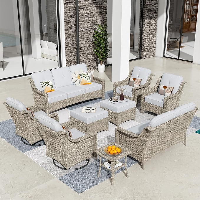 HOOOWOOO 9 Piece Patio Furniture Conversation Sets with Swivel Rocking Chairs,Outdoor Wicker Furniture with Ottoman,All Weather Resistant High Back Rattan Conversational Set(Light Grey Gray)