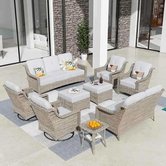 HOOOWOOO 9 Piece Patio Furniture Conversation Sets with Swivel Rocking Chairs,Outdoor Wicker Furniture with Ottoman,All Weather Resistant High Back Rattan Conversational Set(Light Grey Gray)