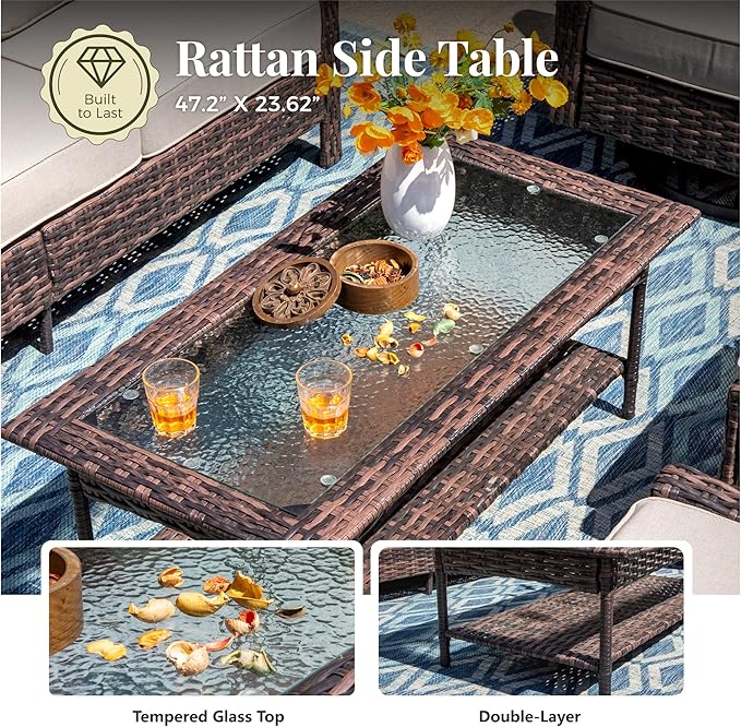 4-Piece Wicker Patio Furniture Set with Swivel Chairs, High Back Outdoor Sofa with 5.5-inch Thick Cushion, All-Weather Patio Table and Chairs Set for Deck Yard Pool, Beige