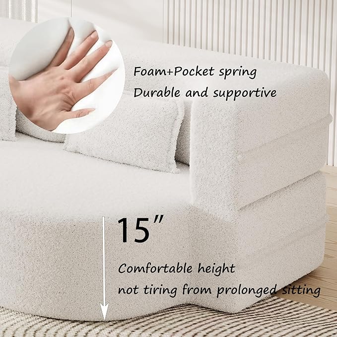 Ball & Cast 78" Sleeper Sofa Bed with 2 Pillows, Convertible Teddy Fabric Foam-Filled Could Couch, Modern Floor Sofa for Living Room,Guest Bed,Playroom,No Assembly Required,Beige