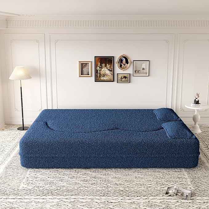 Ball & Cast 78" Floor Sofa Bed with 2 Pillows,Convertible Teddy Fabric Foam-Filled Sleeper Sofa Bed,Pull Out Couch Full Size Folding Mattress for Living Room,Playroom,No Assembly Required,Blue