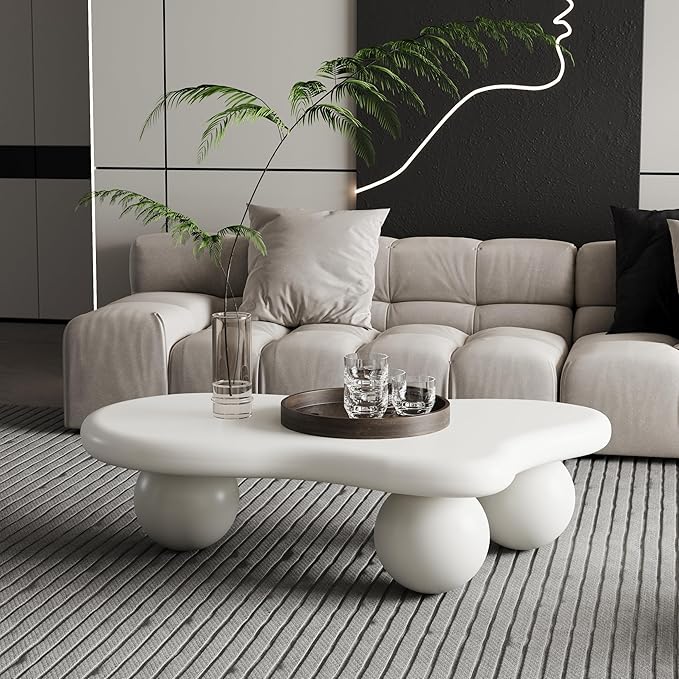 40” Cloud Coffee Table with 3 Ball Legs, Modern Irregular Center Table for Living Room, Low Cute Small MDF Tea Table for Bedroom, Space Apartment Cream White