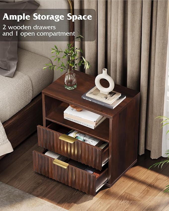 WLIVE Fluted Night Stand Set 2, Wood Nightstands Sets of 2 with Storage Drawers and Open Shelf, Mid Century Modern Bed Side Tables for Bedroom, Dorm, Espresso - Image 5