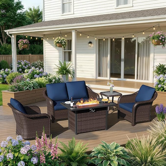 5 Piece Patio Wicker Conversation Set, All-Weather Use Outdoor Wicker Loveseat with 2 PE Rattan Ottomans,2 Chair, 1 Side Table, Ideal for Porch, Backyard, Balcony, Poolside, Blue