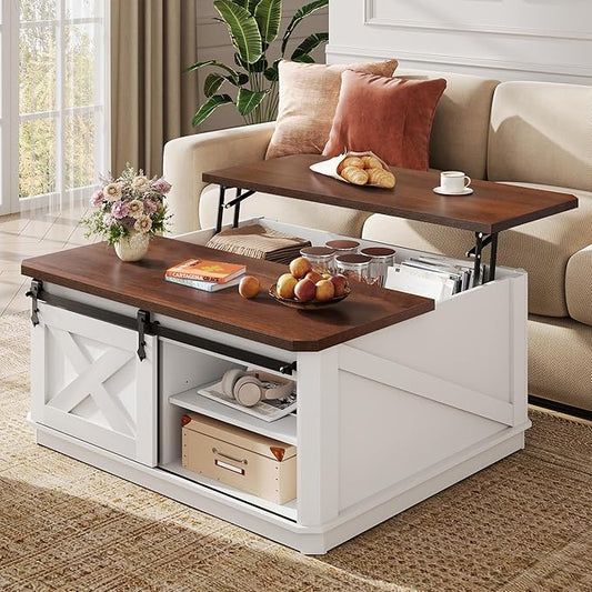 WLIVE Framhouse Coffee Table with Storage, 35.5" Lift Top Coffee Table for Living Room, Square Center Table, Rustic Cocktail Table with Sliding Barn Doors, Curevd Base, White