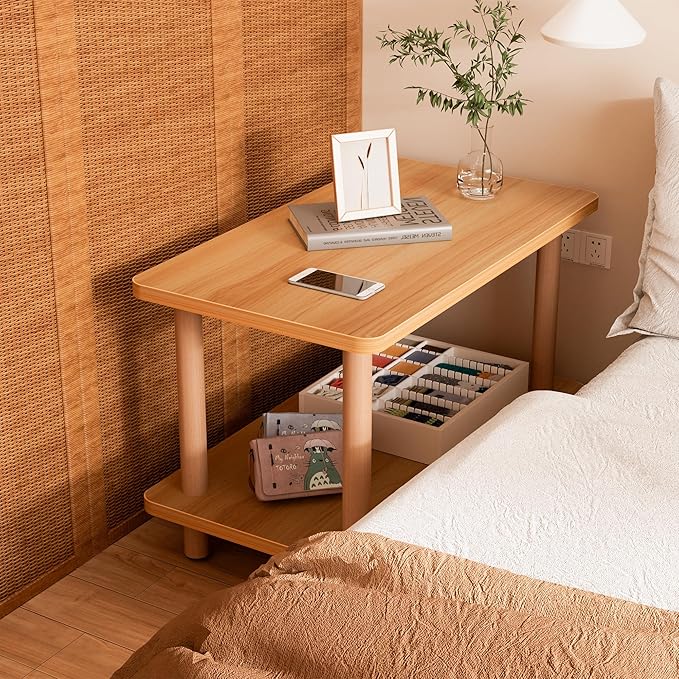 2 Tier Coffee Table Low Table with Solid Wood Legs, Japanese Coffee Table for living Room, Side Table Sofa Table, Floor Table Desk for Sitting on The Floor, Storage Shelf Furniture for Office, Natural