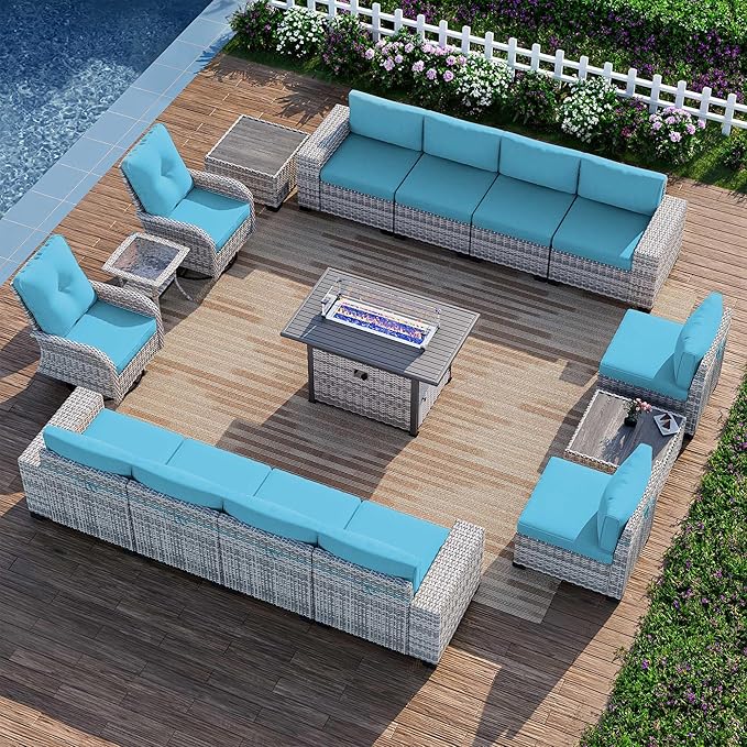 16-Piece Outdoor Patio Furniture Set with Rocking Swivel Chair, PE Wicker Rattan Sectional Sofa Patio Conversation Set with 55,000 BTU Fire Pit Table & Coffee Table, Turquoise