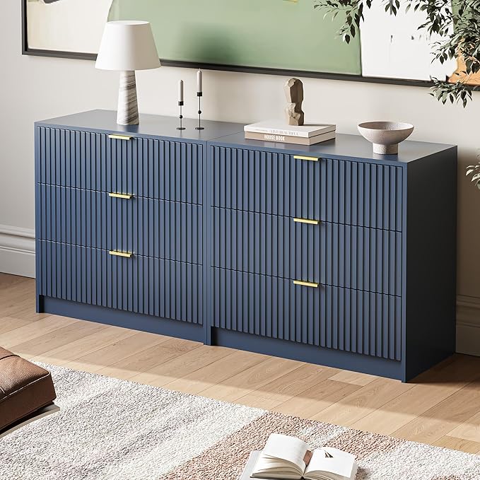 MAISONARIA 3-Piece Dresser Bedroom Set, 7 Drawer Dresser & 3 Drawer Nightstands with Gold Handles, Fluted Wood Chest of Drawers for Bedroom, Living Room, Entryway, Navy Blue