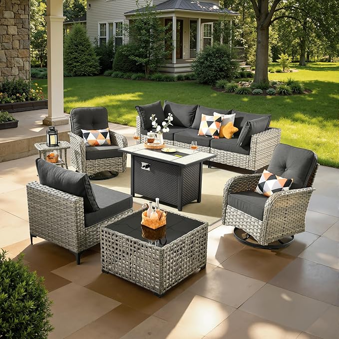 9 Pcs Patio Furniture with Fire Pit Table, Outdoor Rattan Wicker Conversation Set with Glowing Coffee Table, Comfy Sectional Sofa for Porch Balcony Backyard Pool, Black