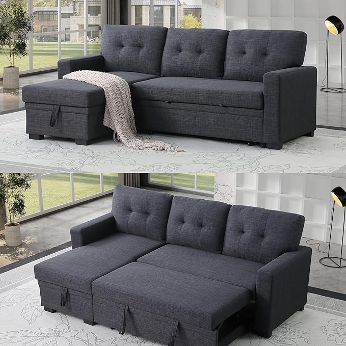ERYE 82-inch Pull Out Sleeper Couch Bed, L-Shaped Reversible Sleeper Sectional Sofa Linen Blend Tufted Upholstered Corner Convertible Sofa Bed with Storage Chaise