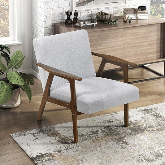 Lexicon Mid Century Modern Accent Chair, Upholstered Lounge Armchair, Single Sofa Seat, Brown Finish Solid Wood Framed Comfy Side Chairs for Living Room/Bedroom/Office/Waiting Area, Gray
