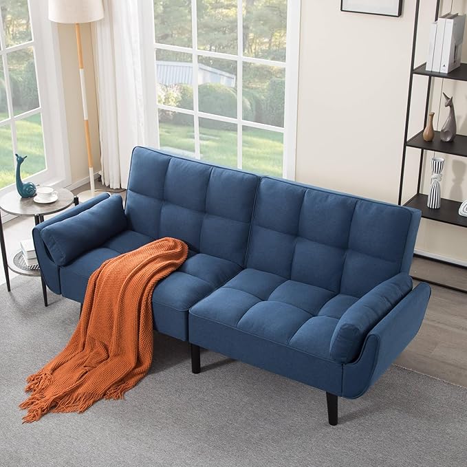Convertible Futon Sofa Bed, Modern Futon Couch with 2 Pillows, Small Futons Couch with Adjustable Armrest & Backrest, Loveseat Sofa Bed for Living Room, Bedroom, Blue