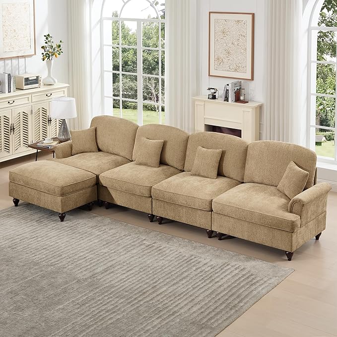 KEIKI Mid Century Modular Sofa with Flared Arms and Skirted Design, 137“ Oversized 4-Seater with Ottoman Luxury Chenille L-Shaped Sectional Couches for Living Room, Chaise Lounge Indoor, Light Coffee