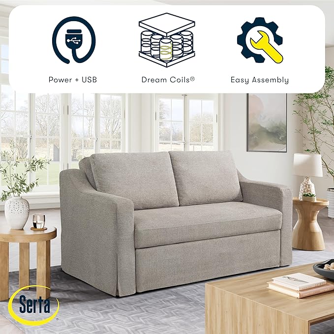 Serta Hawthorne 66.1" Slipcovered Convertible Sleeper Loveseat, Full Size, Dreamcoil Comfort, FingerGuard Pinch Point Protection, Polyester Tweed Fabric, Flax