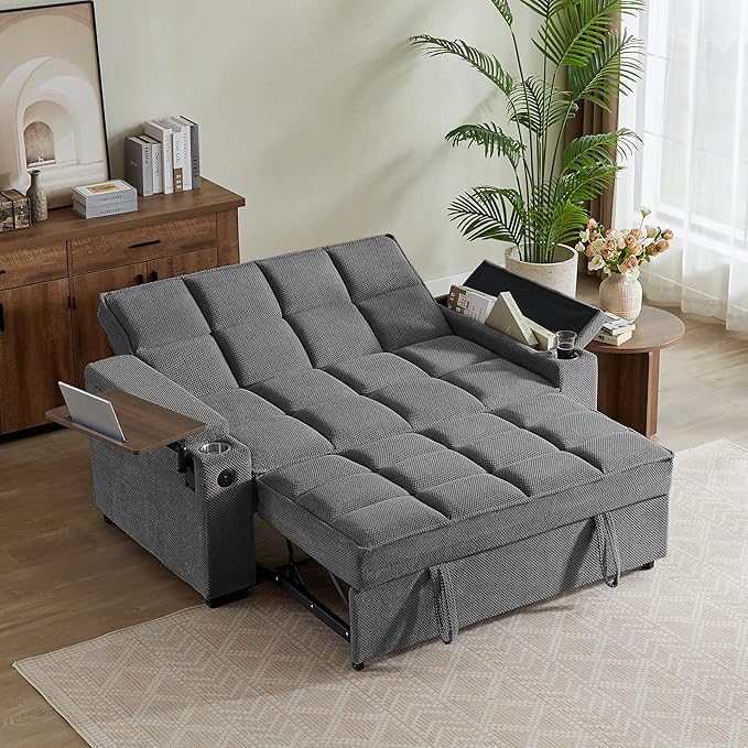 Eafurn Convertible Sleeper Sofa Bed with 360° Swivel Table & USB Ports, Tufted Chenille Loveseat Pull-Out Couch with Storage Armrest & Cup Holders, 6-Level Adjustable Backrest
