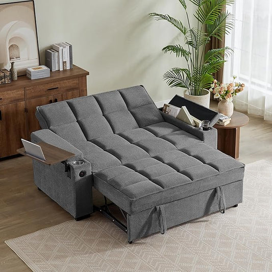 Eafurn Convertible Sleeper Sofa Bed with 360° Swivel Table & USB Ports, Tufted Chenille Loveseat Pull-Out Couch with Storage Armrest & Cup Holders, 6-Level Adjustable Backrest